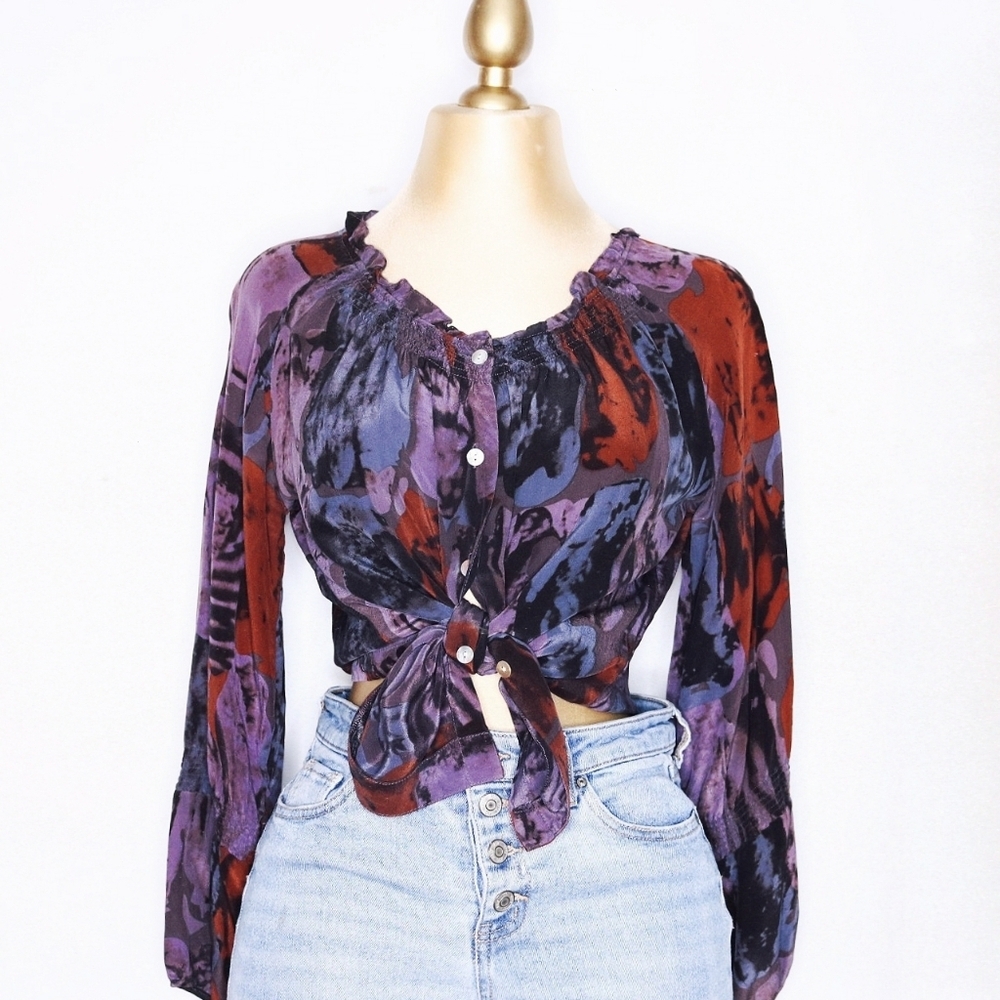 Anthropologie TRINITY tops, bohemian Tie Dye blouse, 100% Silk in Purple,  Small